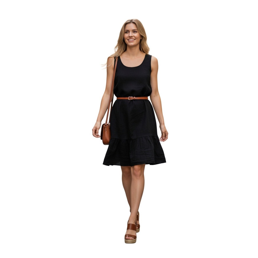 MILLY NY Chic Black Tencel Linen Drop Waist Ruffle Mini Dress 6 USA NWOT $395.